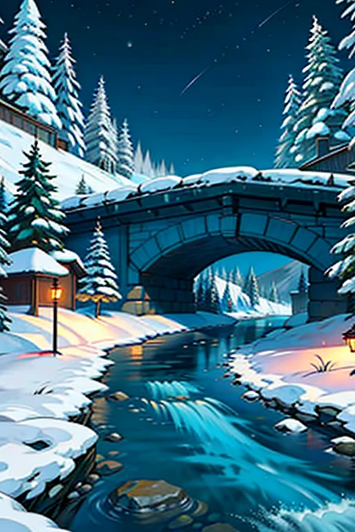 A painting of a winter landscape, pine trees, snow on ground, a winding river with a broken down bridge, eerie night time light, dark sky.