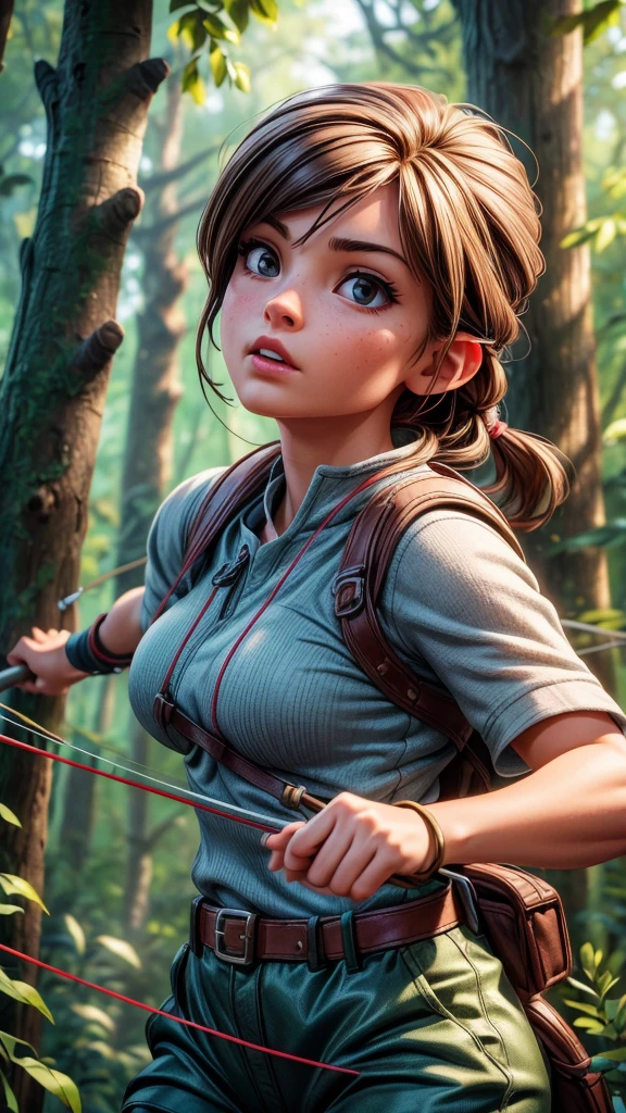 a female archer pulling back the bowstring, intense expression, archery competition, bowstring release, dynamic motion, detailed face, athletic body, outdoor forest setting, sunlight streaming through trees, cinematic lighting, muted color palette, depth of field blur, highly detailed, photorealistic, 8k, (best quality,4k,8k,highres,masterpiece:1.2),ultra-detailed,(realistic,photorealistic,photo-realistic:1.37)