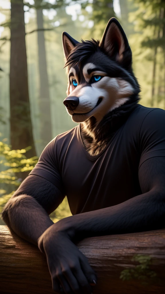???? Posing, male, 30 years old, cute, eyeliner, short black hair, biting lip smile, black shirt, bedroom eyes, anthro, dog ears, (black fur:1.5),husky dog, forest background, 8k, hi res, (best quality, masterpiece), blue eyes, lying on log, husky tail