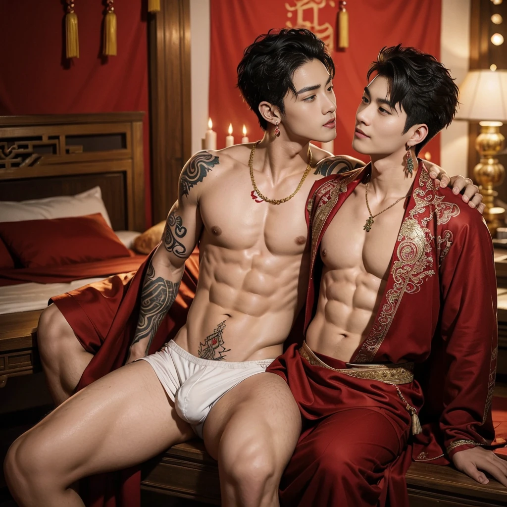 ( Safe at Work),Two handsome boys kiss, Smiling at each other,Embrace, kiss, Touching lips, Embrace, romantic,Physical contact, Chinese Male God, myth, Realistic, China Adventure, Super handsome,manly, K-Pop Idols, Handsome Korean actors, 20-year-old,, Detailed face, manly jawline, Fine Messy Curly Hair Styling, topless, muscle, Big breasted athletic body, Full Frame,Full body shoots, Realistic, Human skin, Tattoo Chest, Professional Studio Lighting, Long Red Tibetan Wedding Dress, All over with jade and gold pendants , Exquisite jewelry on the dress, Earrings,chinese ancient wedding background,Outdoor, Highly detailed background,Looking at the camera , Open your mouth, Thin underwear, Tibetan Warrior, red wedding dress in hanfu, Tibetan Male, Tibetan Nobel, Seduce , Bare Chest , Tattoo chest, Tattoo Arm, Hand tattoos, Tattoo Back, Tattoo Feet , Tattoo Belly, big juicy ass, 