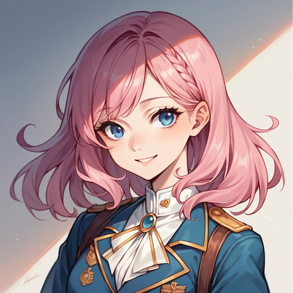 anime style girl drawing, long pink hair, soft blue eyes, a somewhat serious smile, lovely body, uniform, background of a school