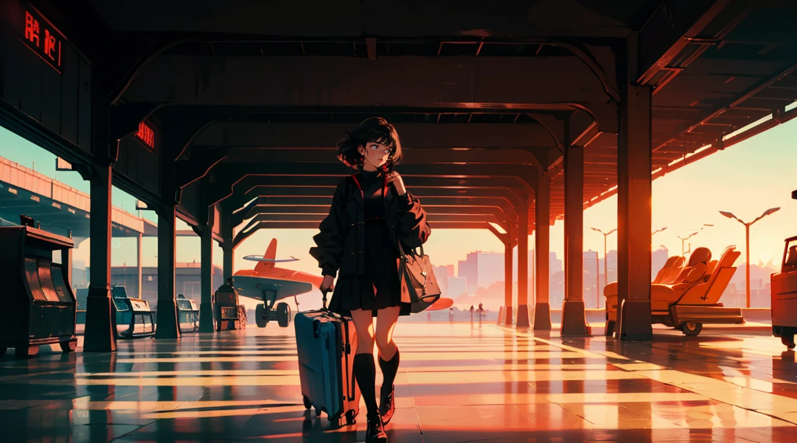 New modern airport, The plane is flying, It has a nice atmosphere, Adult women, Trunk Case ,Perfect Face, A melancholic look, (Backlight: 1.1), A scene from a movie, Soft Shadows, masterpiece, Highest quality, Complex, Model shooting style, Film Grain, Wide Shot、Red lipstick