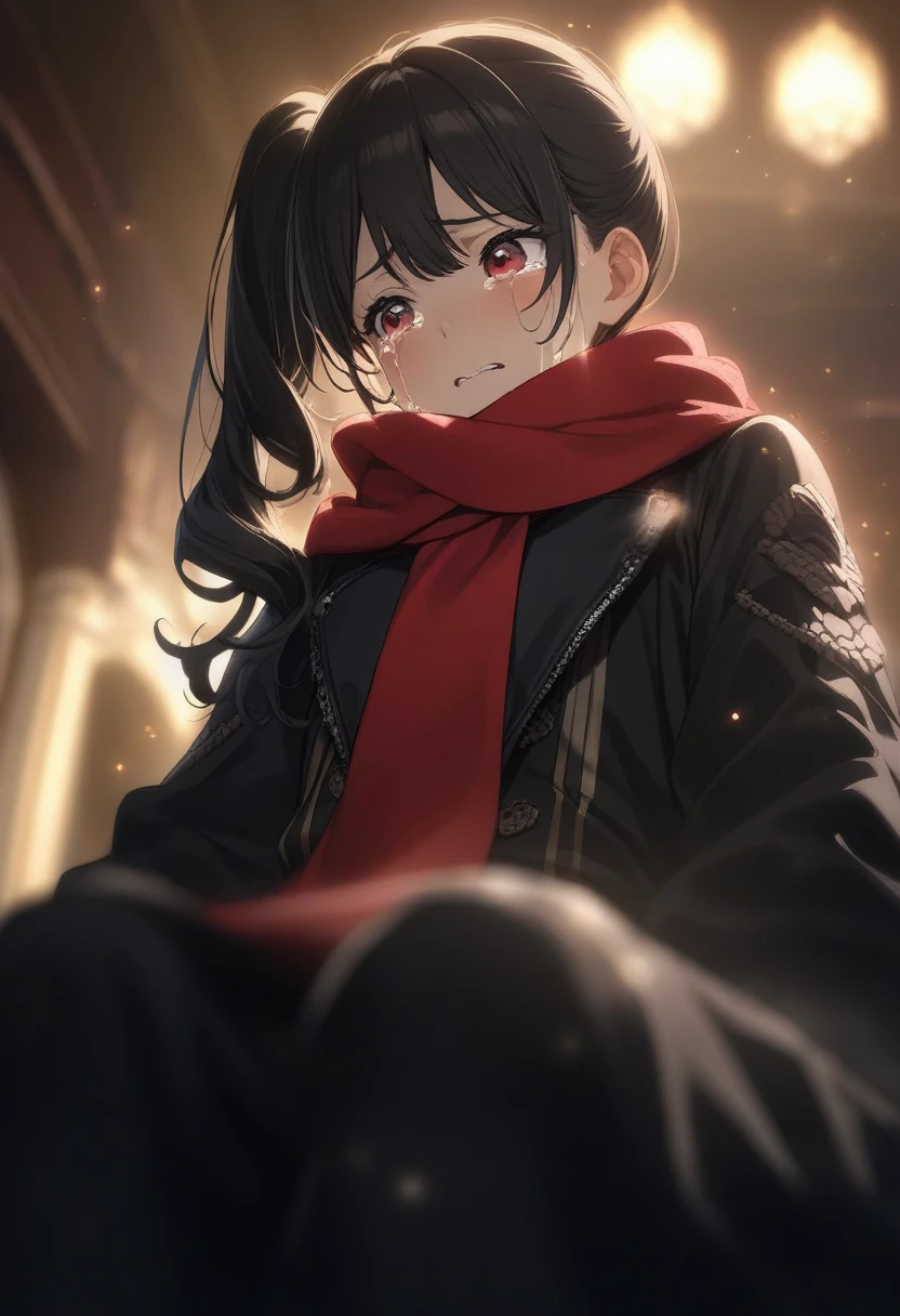 1girl ebifurya, official art, sitting, crying, tears streaming, black coat, red scarf, black hair, side_ponytail, red eyes, (very aesthetic, best quality, ultra detailed), intricate details, highres, indoors, light particles, close-up, blurry background,, low angle, cinematic angle, cowboy shot, emotional, delicate features