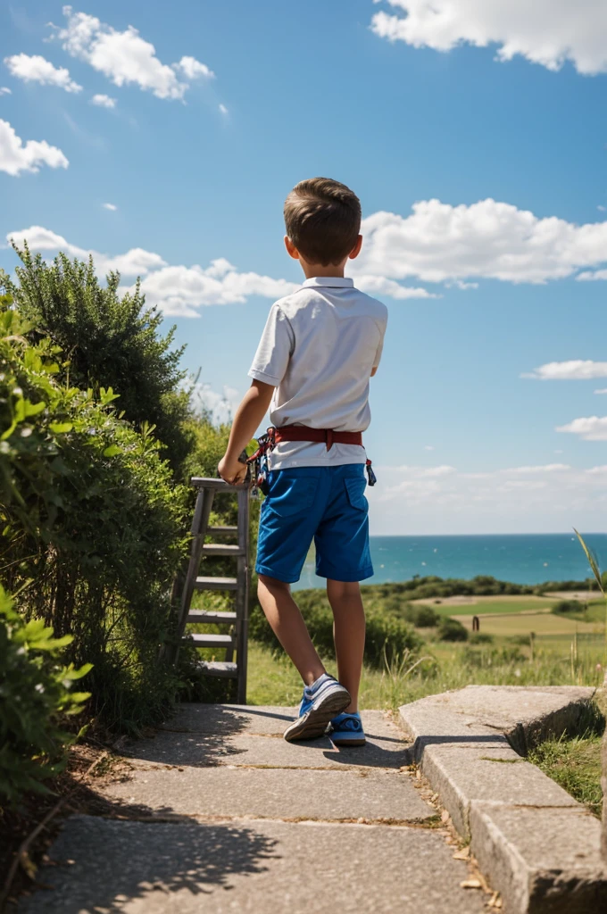 Boy looking at the horizon climbing a step ladder, with one foot and one hand hanging outwards admiring the landscape 