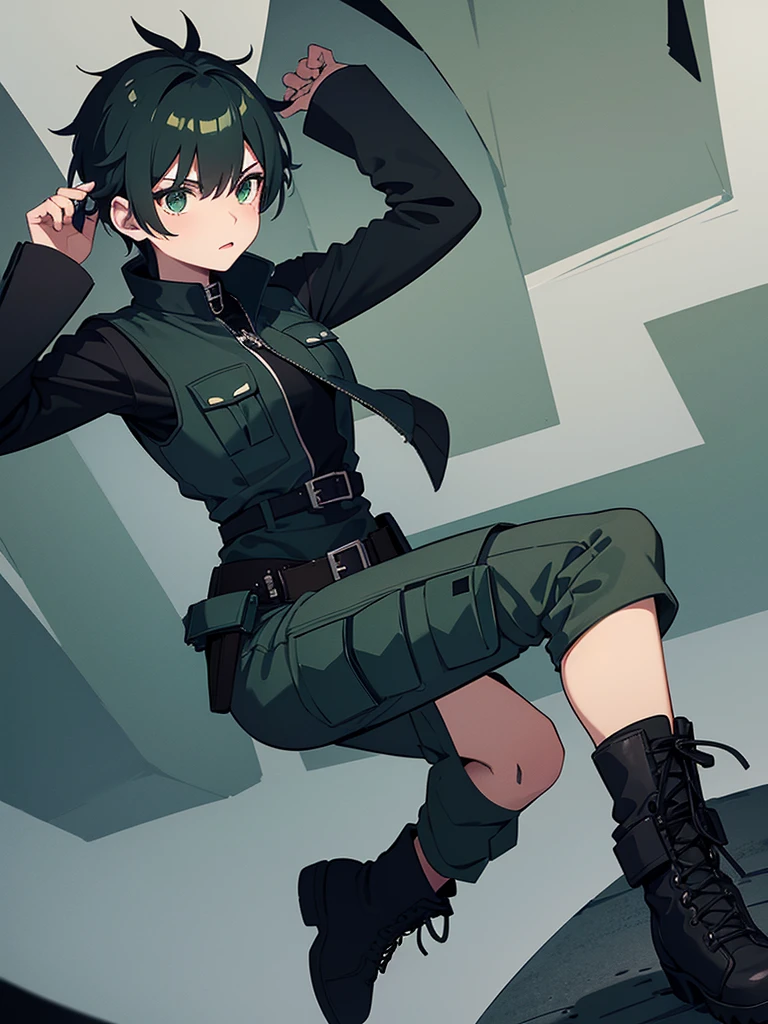 The character with a black long-sleeved shirt gray colored cargo pants a dark green colored sleeveless jacket and combat boots and combat gloves as well