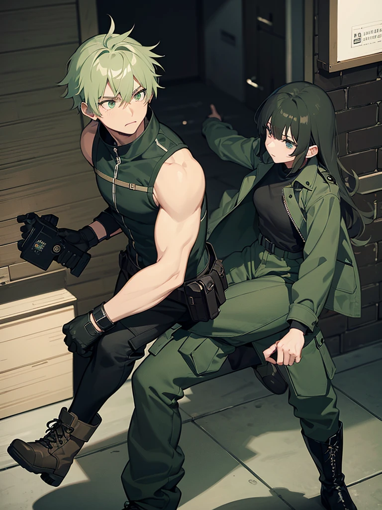 The character with a black long-sleeved shirt gray colored cargo pants a dark green colored sleeveless jacket and combat boots and combat gloves as well