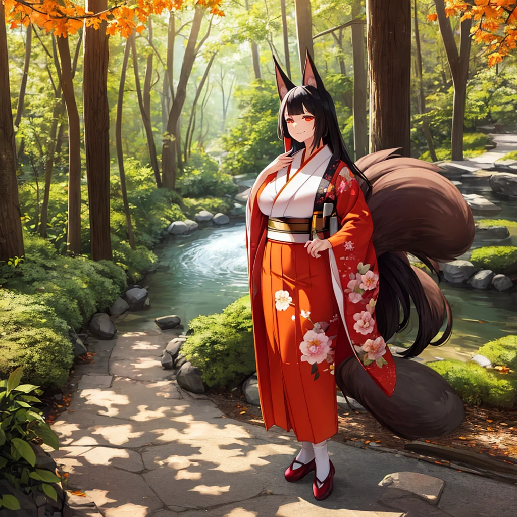 A woman wearing a white kimono with drawings of autumn flowers, walking on a walk in a forest in the autumn period, Japanese shoes, orange eyes, black hair, kitsune ears, kitsune tails, multi-tails, smiling, big breasts, posture standing, daytime location, a view of the forest, background with orange filter,.UHD , prime work , accurate , anatomically correct , textured skin , super details , high quality , best quality, 8k, high resolution, bokeh effect. (woman solo)
