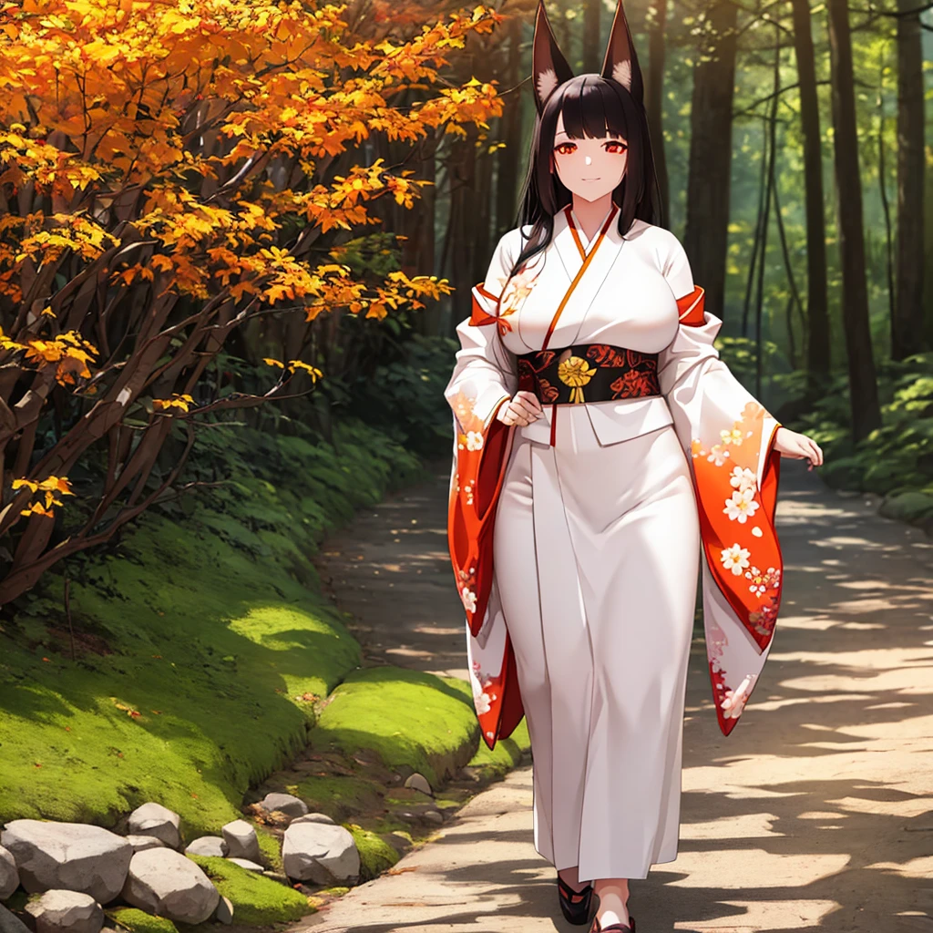 A woman wearing a white kimono with drawings of autumn flowers, walking on a walk in a forest in the autumn period, Japanese shoes, orange eyes, black hair, kitsune ears, kitsune tails, multi-tails, smiling, big breasts, posture standing, daytime location, a view of the forest, background with orange filter,.UHD , prime work , accurate , anatomically correct , textured skin , super details , high quality , best quality, 8k, high resolution, bokeh effect. (woman solo)
