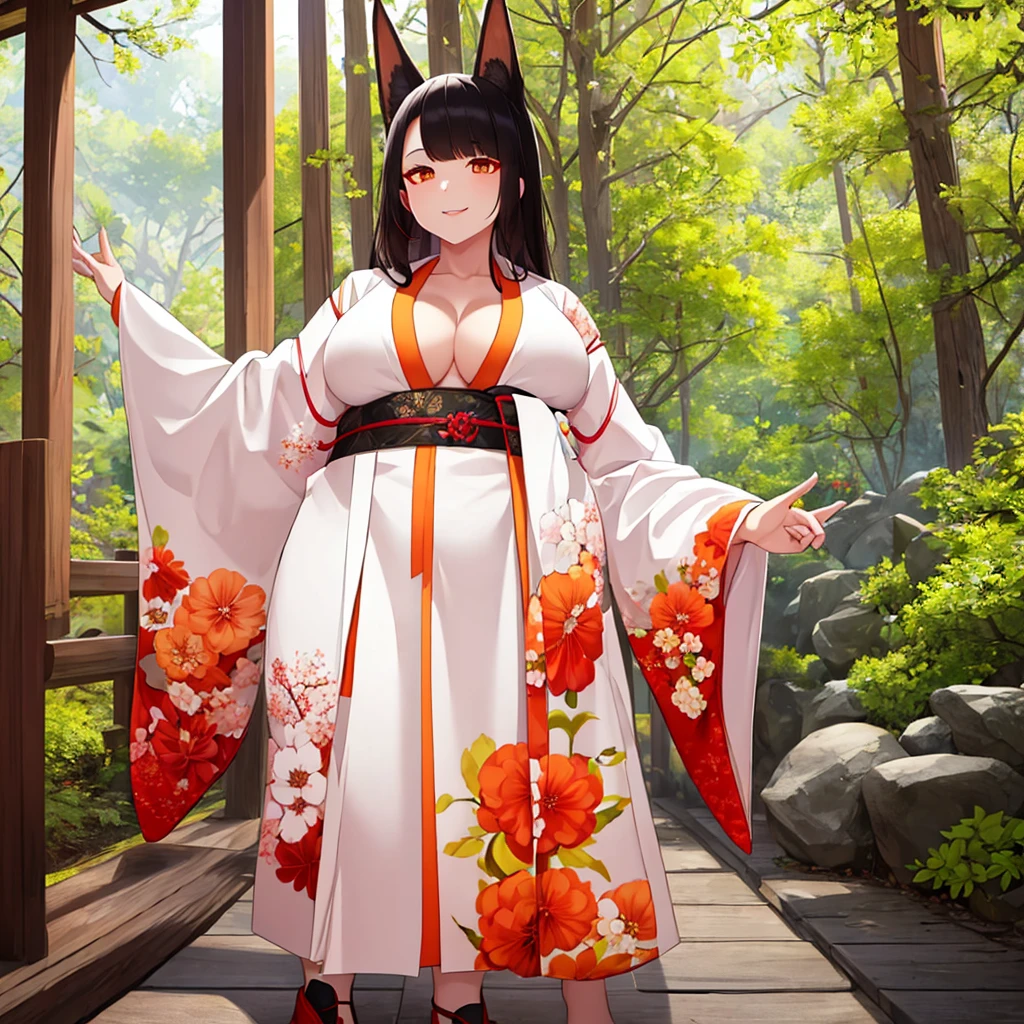 A woman wearing a white kimono with drawings of autumn flowers, walking on a walk in a forest in the autumn period, Japanese shoes, orange eyes, black hair, kitsune ears, kitsune tails, multi-tails, smiling, big breasts, posture standing, daytime location, a view of the forest, background with orange filter,.UHD , prime work , accurate , anatomically correct , textured skin , super details , high quality , best quality, 8k, high resolution, bokeh effect. (woman solo)
