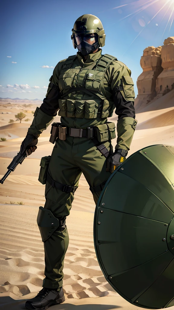 olive green armed guard with helmet and riot shield looking angry at me in desert