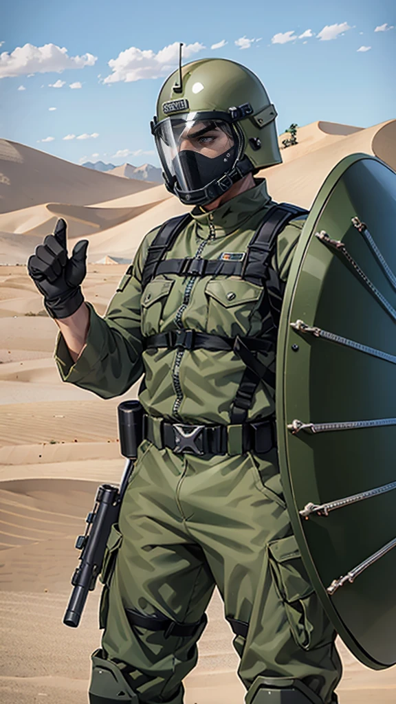olive green armed guard with helmet and riot shield looking angry at me in desert
