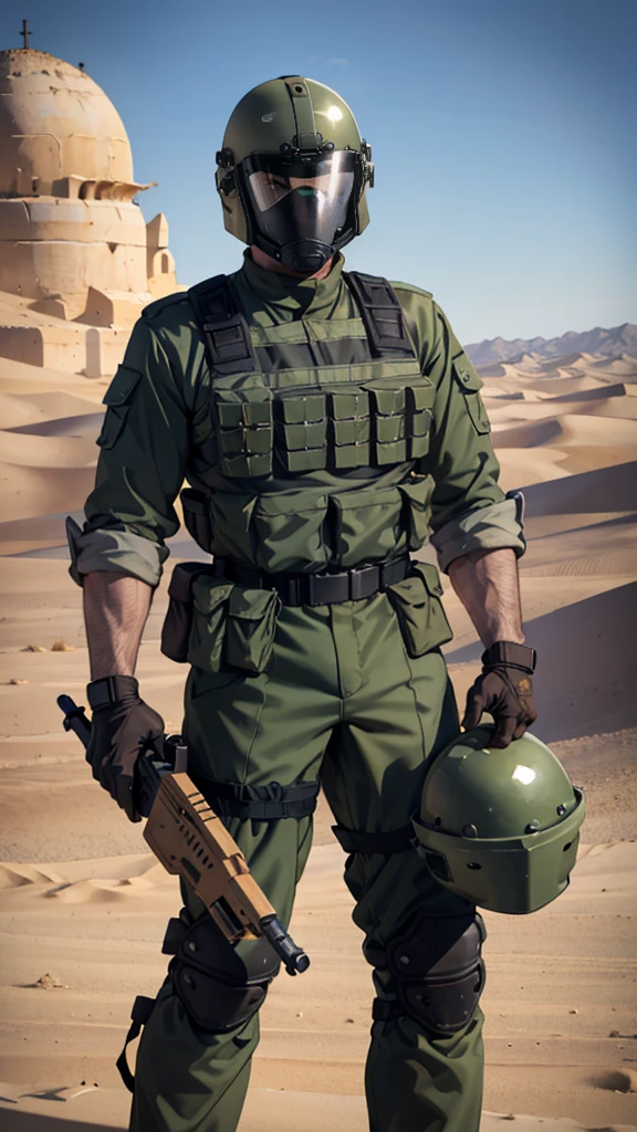 olive green armed guard with helmet and riot shield looking angry at me in desert