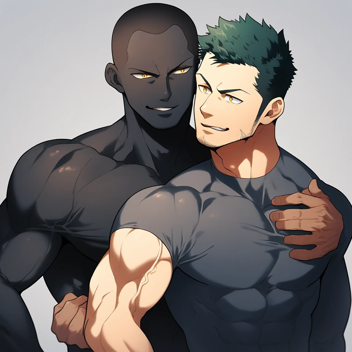 anime characters:Two superheroes in tights, Priapus and Muscle skinhead superhero, negro black skin, They hugged and kissed each other, Bite your neck, Caress, Manliness, male focus, Yellow and black high collar long sleeve tight T-shirt, Slightly transparent material, Very tight, Round, full and perky chest muscles, Muscle waist, Slightly transparent, muscular male, muscular, only, Upper body, alone, Black short hair, Thick eyebrows, stubble, Yellow eyes, Grey background, simple background, amazing quality, best aesthetics, Ridiculous, bright pupils, crew cut, parted lips, seductive smile, torogao, naughty face, drop shadow, best quality