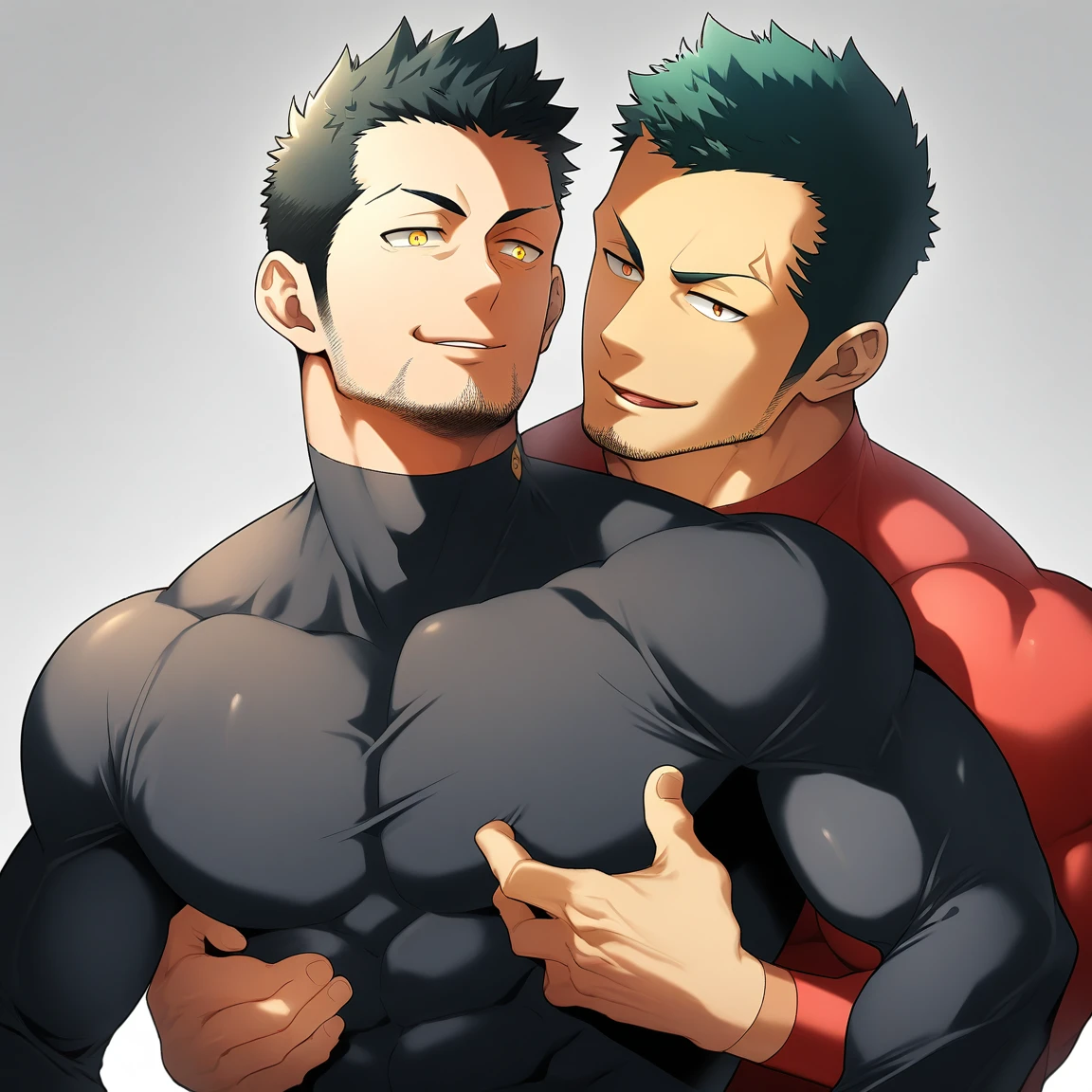 anime characters：Two superheroes in tights, Priapus and Muscle skinhead superhero, negro black skin, They hugged and kissed each other, Bite your neck, Caress, Manliness, male focus, Yellow and black high collar long sleeve tight T-shirt, Slightly transparent material, Very tight, Round, full and perky chest muscles, Muscle waist, Slightly transparent, muscular male, muscular, only, Upper body, alone, Black short hair, Thick eyebrows, stubble, Yellow eyes, Grey background, simple background, amazing quality, best aesthetics, Ridiculous, bright pupils, crew cut, parted lips, seductive smile, torogao, naughty face, drop shadow, best quality