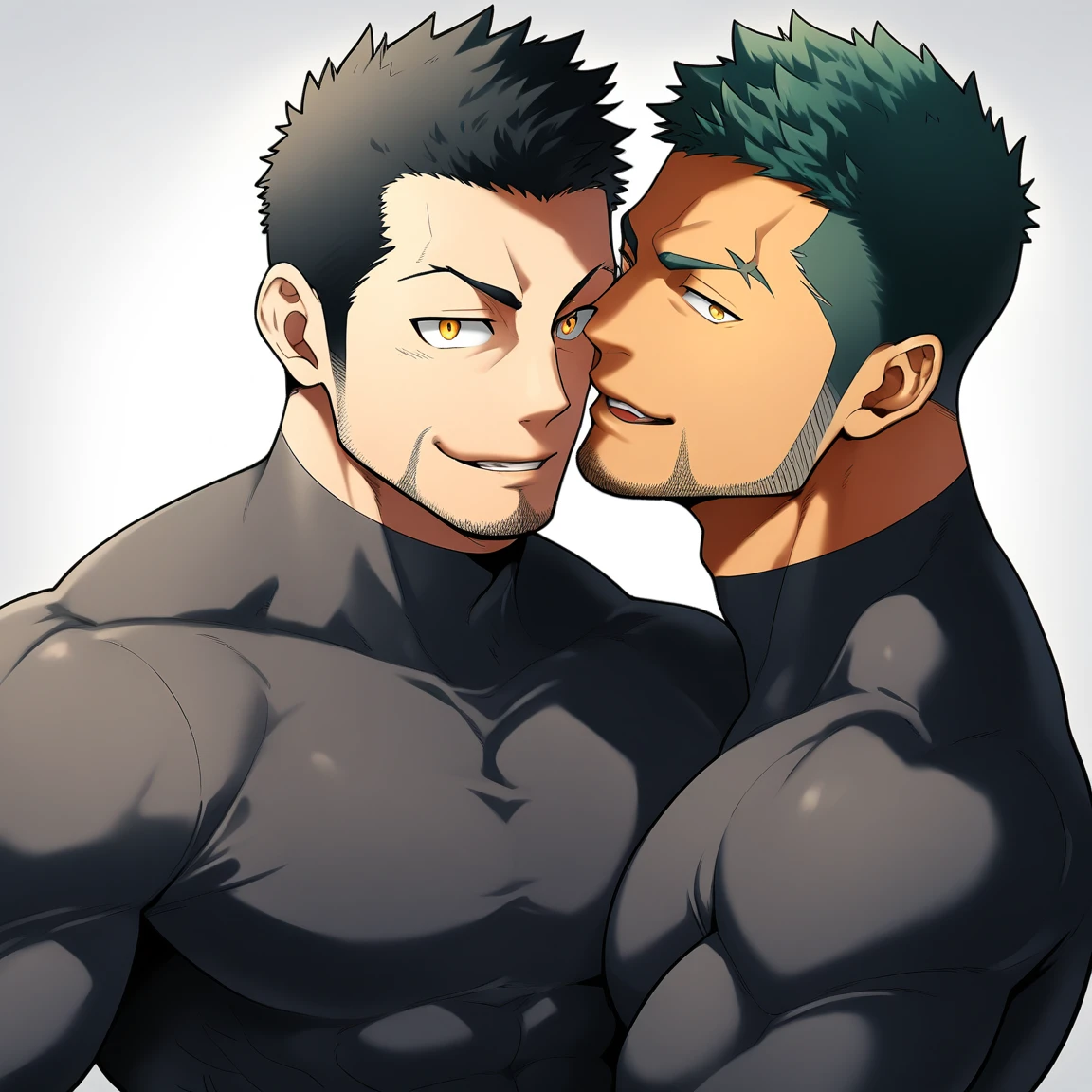 anime characters:Two superheroes in tights, Priapus and Muscle skinhead superhero, negro black skin, They hugged and kissed each other, Bite your neck, Caress, Manliness, male focus, Yellow and black high collar long sleeve tight T-shirt, Slightly transparent material, Very tight, Round, full and perky chest muscles, Muscle waist, Slightly transparent, muscular male, muscular, only, Upper body, alone, Black short hair, Thick eyebrows, stubble, Yellow eyes, Grey background, simple background, amazing quality, best aesthetics, Ridiculous, bright pupils, crew cut, parted lips, seductive smile, torogao, naughty face, drop shadow, best quality