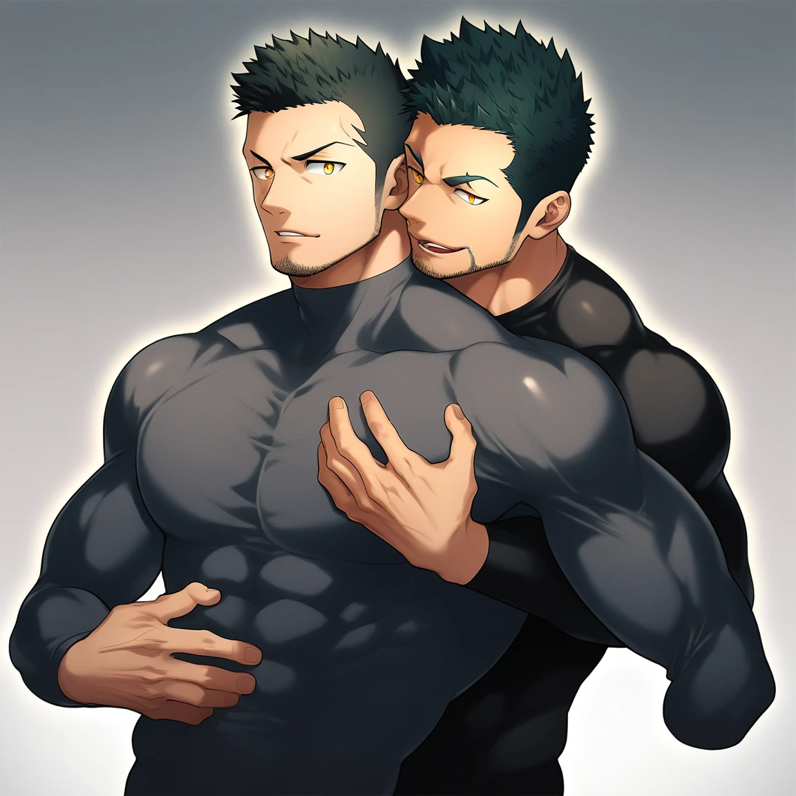 anime characters:Two superheroes in tights, Priapus and Muscle skinhead superhero, negro black skin, They hugged and kissed each other, Bite your neck, Caress, Manliness, male focus, Yellow and black high collar long sleeve tight T-shirt, Slightly transparent material, Very tight, Round, full and perky chest muscles, Muscle waist, Slightly transparent, muscular male, muscular, only, Upper body, alone, Black short hair, Thick eyebrows, stubble, Yellow eyes, Grey background, simple background, amazing quality, best aesthetics, Ridiculous, bright pupils, crew cut, parted lips, seductive smile, torogao, naughty face, drop shadow, best quality