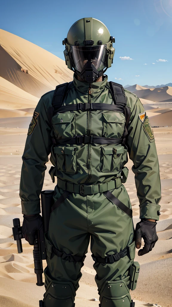 olive green armed guard with helmet and riot shield looking angry at me in desert