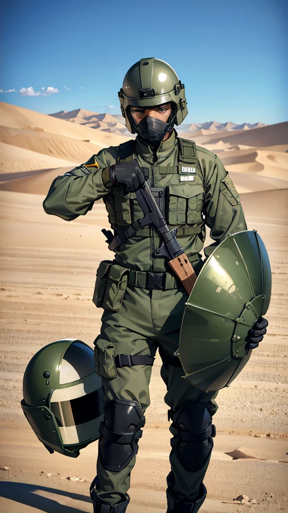 olive green armed guard with helmet and riot shield looking angry at me in desert