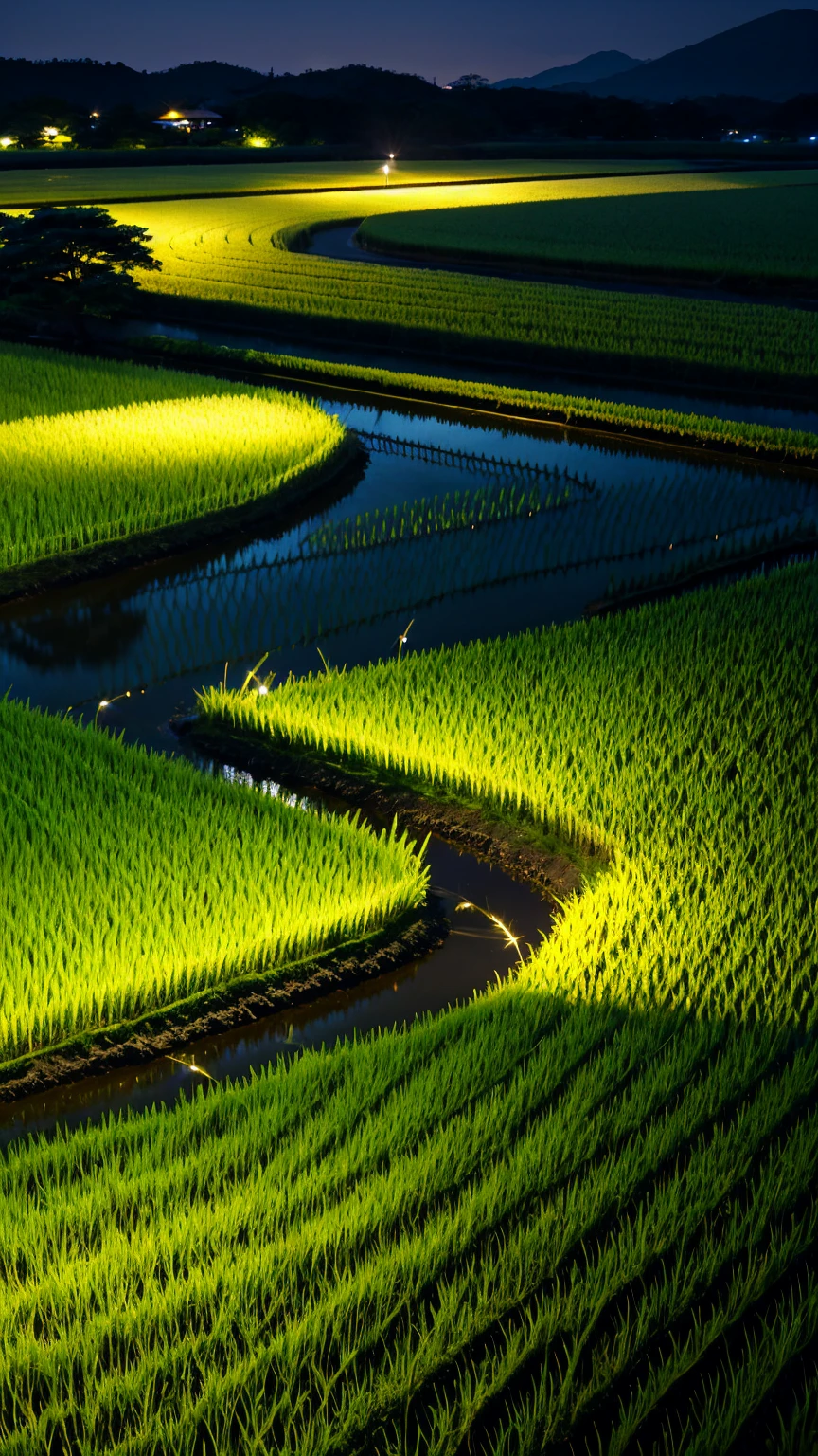 Japan、countryside、Rural Scenery、Style、night、Paddy field、river、firefly