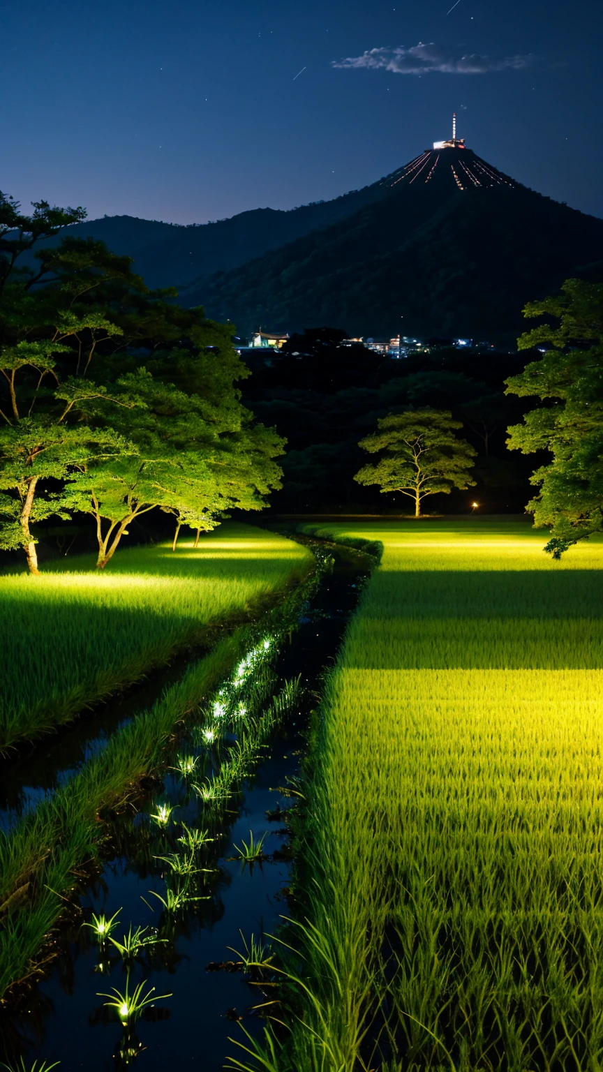 Japan、countryside、Rural Scenery、Style、night、Paddy field、river、firefly