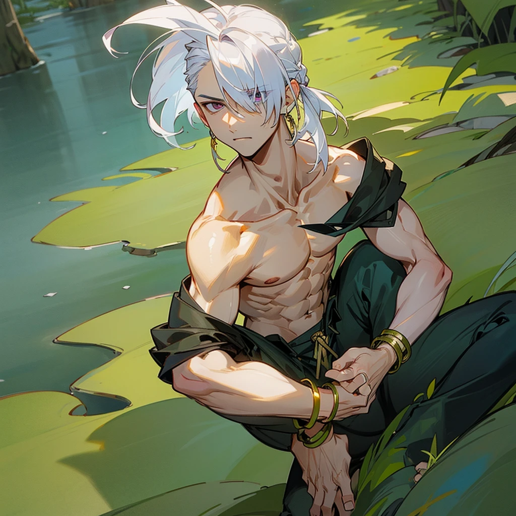 a man with swarthy skin and white locks hair, dressed only in white cargo pants, barefoot and shirtless with a gold bracelet, sitting on a cliff with empty wildlife below full of magnificent vegetation(animé style) )