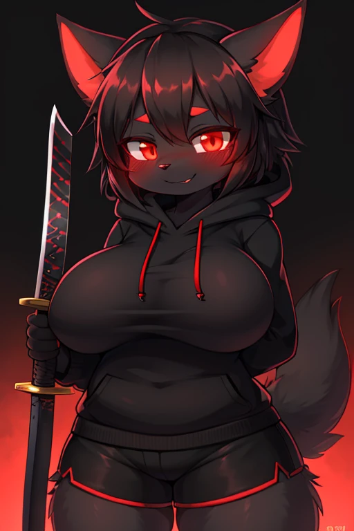 Furred dragon [black fur], 1 girl, undersized black hoodie, undersized black shorts, massive breasts, black body fur, black ears, red glowing eyes, Shadow Katana, dark area, dark aura, smiling, looking at you, blushing