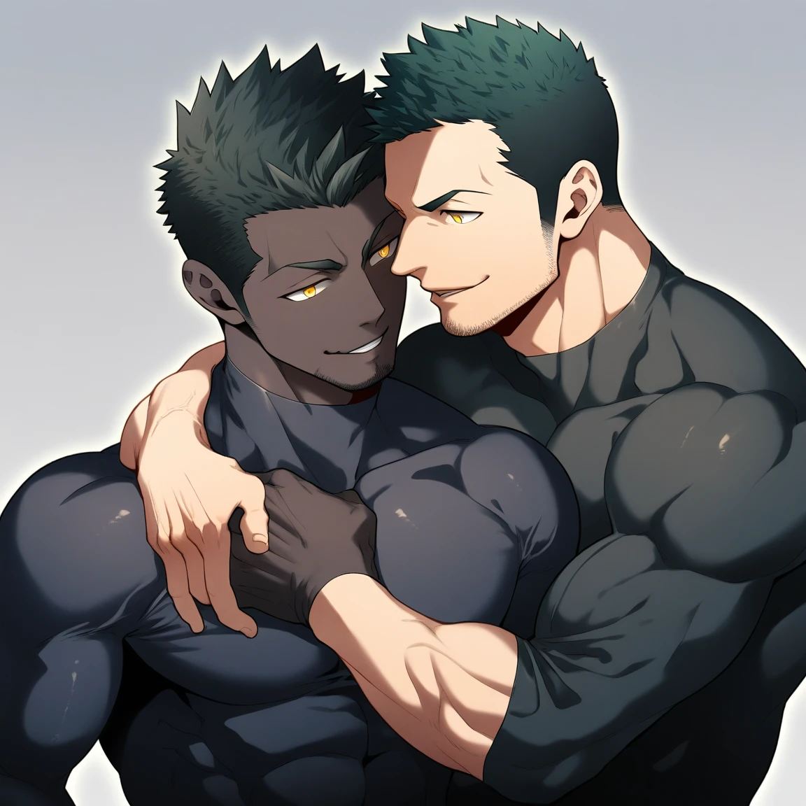 anime characters：Two superheroes in tights, Priapus and Muscle skinhead superhero, negro black skin, They hugged and kissed each other, Bite your neck, Caress, Manliness, male focus, Yellow and black high collar long sleeve tight T-shirt, Slightly transparent material, Very tight, Round, full and perky chest muscles, Muscle waist, Slightly transparent, muscular male, muscular, only, Upper body, alone, Black short hair, Thick eyebrows, stubble, Yellow eyes, Grey background, simple background, amazing quality, best aesthetics, Ridiculous, bright pupils, crew cut, parted lips, seductive smile, torogao, naughty face, drop shadow, best quality