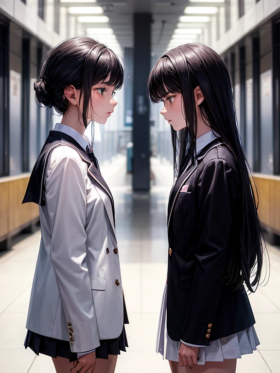An 18-year-old girl and a 15-year-old girl,Black Hair,White blazer,(They put their faces close together and glare at each other),quarrel,School,Standing firmly facing each other,whole body,Side angle
