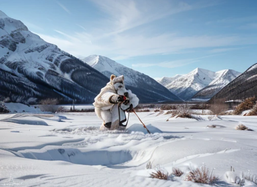  A humanoid polar white bear is hunting its food . In the scenario there are immense frozen mountains. The soil and frozen environment, snow covered, icy storm 