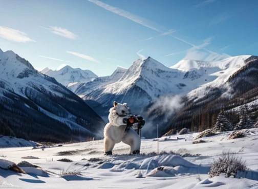  A humanoid polar white bear is hunting its food . In the scenario there are immense frozen mountains. The soil and frozen environment, snow covered, icy storm 