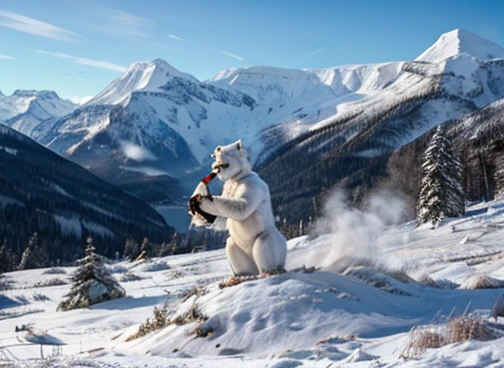  A humanoid polar white bear is hunting its food . In the scenario there are immense frozen mountains. The soil and frozen environment, snow covered, icy storm 