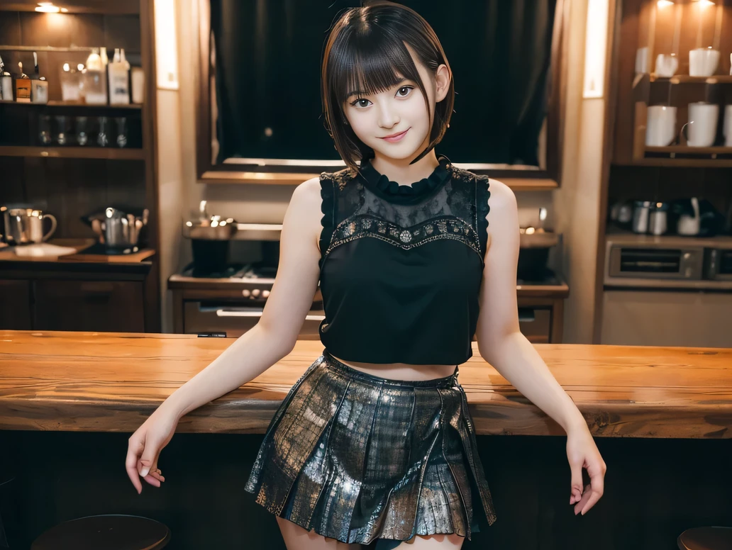 (Highest quality, masterpiece, Ultra-high resolution, 8K, RAW Photos, Realistic, Anatomically correct:1.5), 20-year-old girl:1.2, Embarrassing, avert your eyes, blush:1.0, View Viewer, ((Bar Lounge)) 、Night view、 Light:1.2, Bokeh, Cinema Lighting:1.0, Depth of written boundary, sharp、 Cute face、Idol、Black short sleeve lace top、Black pleated skirt、Black clothing、”dwarf”、(Floral clothes)、(Full Body Shot)、Side angle、Cowboy Shot、 smile、(Ultra short hair)、(Short bob cut)、(Straight bangs)、((See-through))、(( One Girl))、Large Breasts、