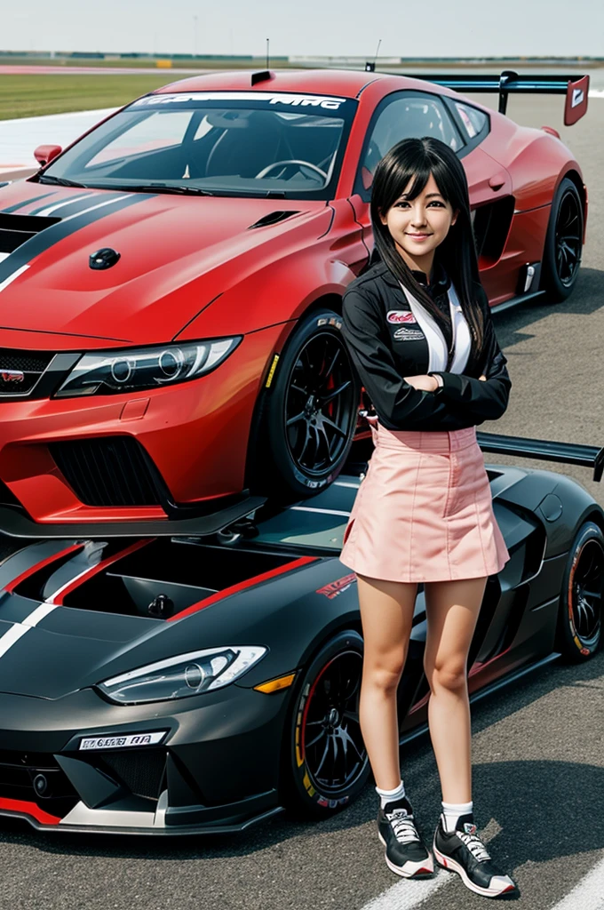 Make an anime drawing of a person next to a racing car