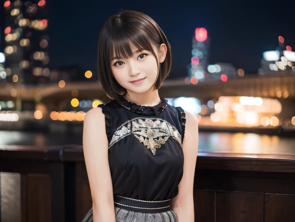 (8K, RAW Photos:1.2), Detailed face and eyes,最high quality, Ultra-high resolution, Very detailed ,Intricate details ,Tabletop ,pretty girl ,Round eyes、 Soft cinematic light, Hyper Detail,Sharp focus, high quality, Brown Hair,((Bobcut))、(Straight bangs)、City of night、Night view、 ((Black Tank Top))、(Black pleated skirt)、”dwarf”、(Full Body Shot)、Waist、 can see your thighs)、Cowboy Shot、Smile、Floral clothes、