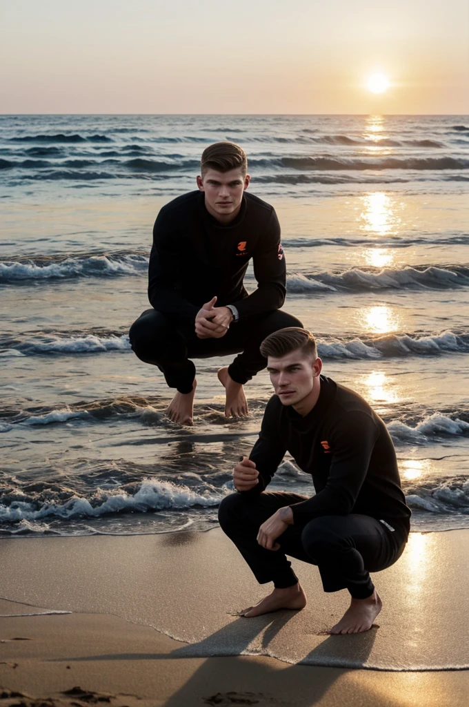 max Verstappen on the seashore, dressed in pants folded to the knee, and black sweater, squatting playing with sand and sea water, in the background the moon and the first rays of the sun at dawn 