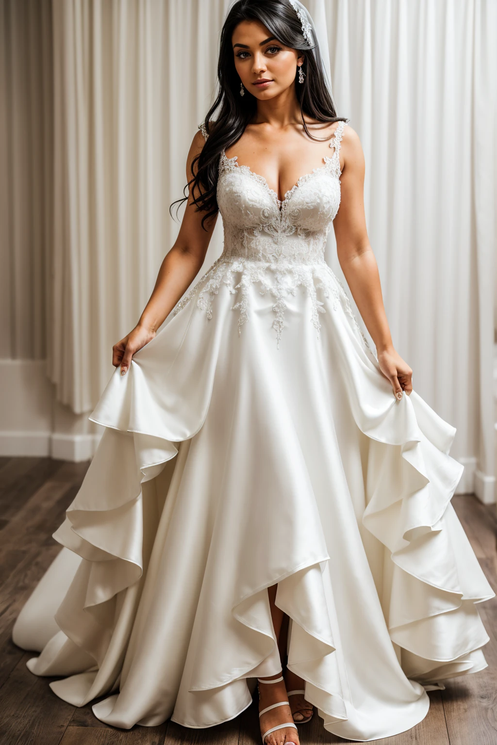 full body portrait, from head to toe, raven haired, grey eyed women in an elaborate white wedding dress
