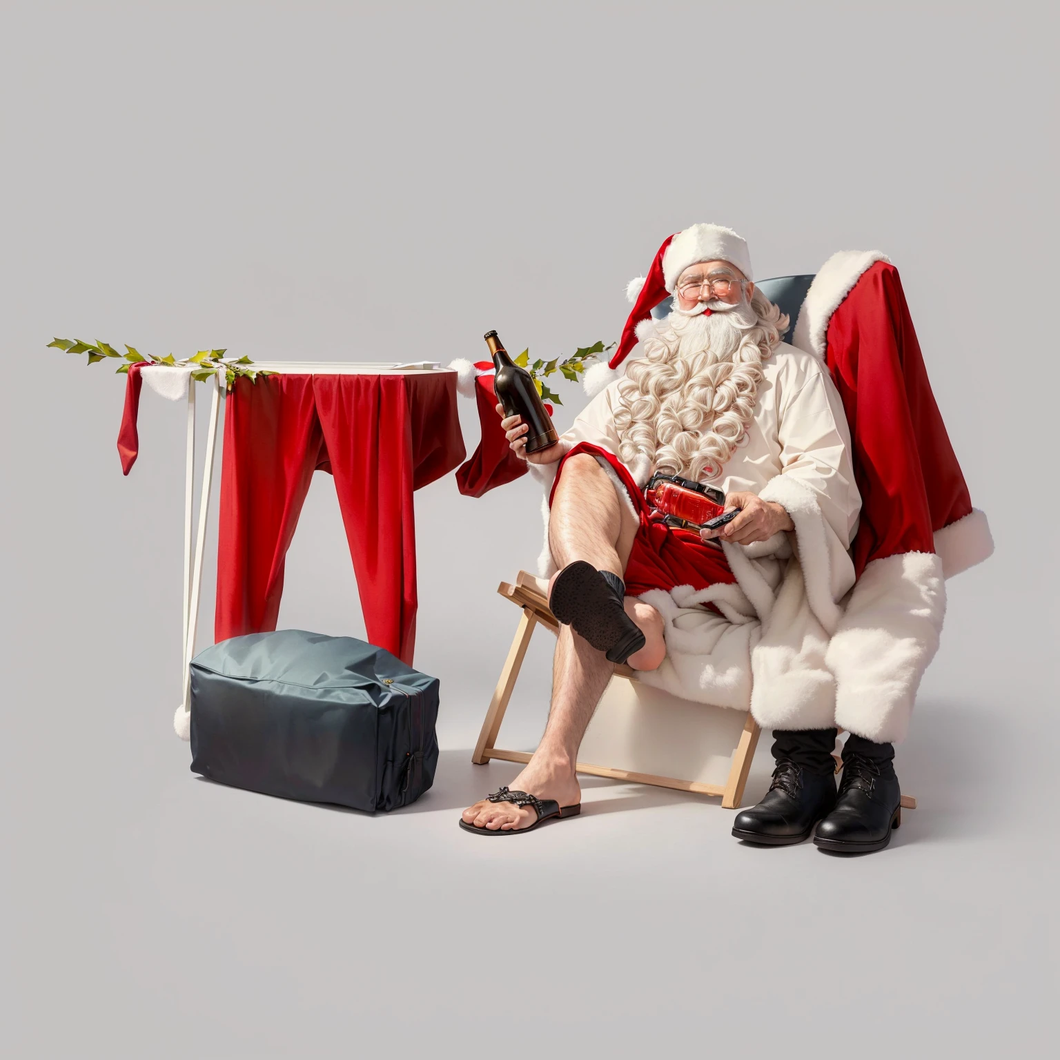 Super Fine,Ultra-delicate,Best quality,Santa Claus claus sitting in a chair with a bottle of beer and a remote control, Santa Claus, holiday, sitting on Santa Claus, Cool photos, Created by experienced artists, Santa Claus claus, Wear festive attire, Best selection on Adobe Stock, ,Santa Claus clause, Watercolor style, ByBernardino Mei, toy,Christmas, Festive atmosphere