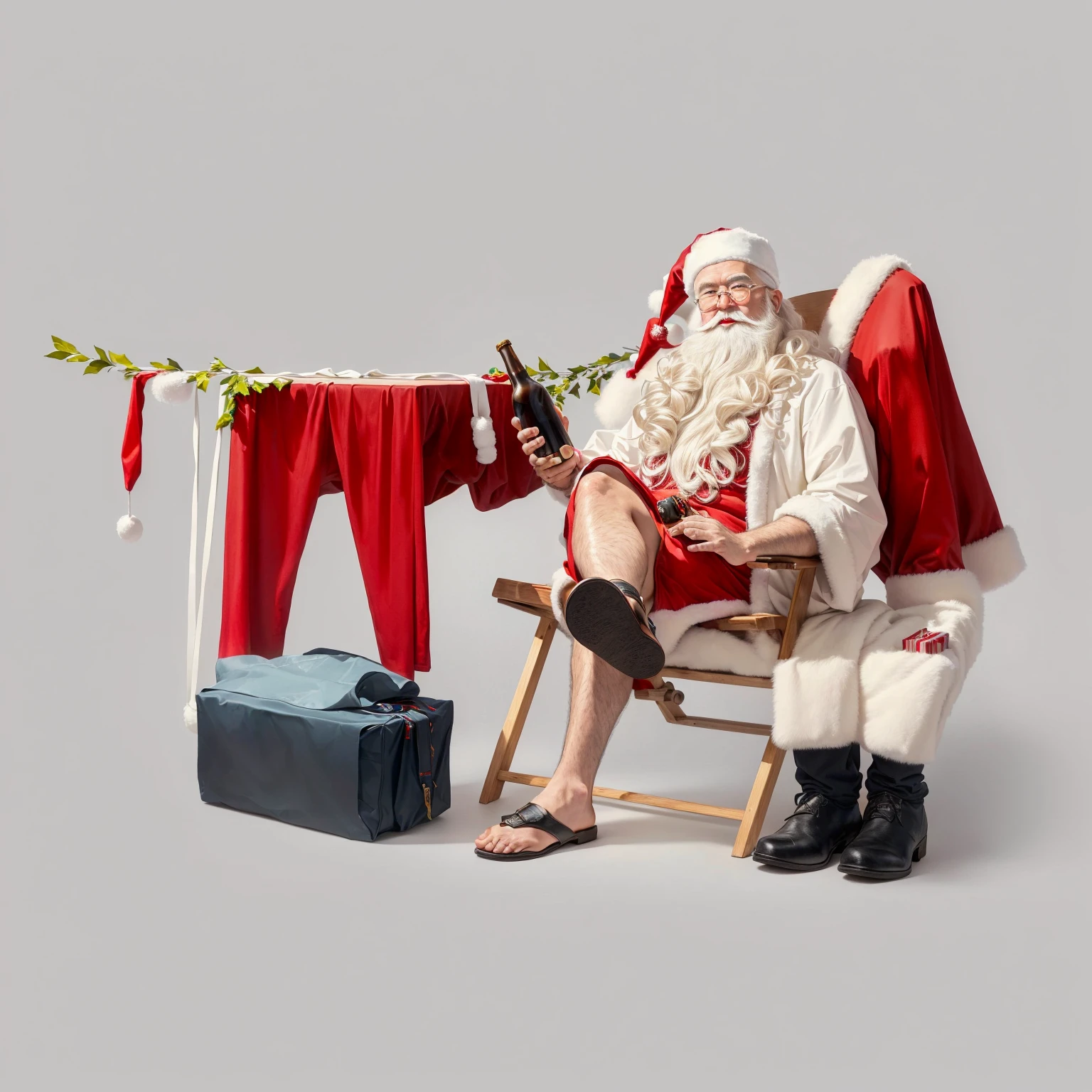 Super Fine，Ultra-delicate，Best quality，Santa Claus claus sitting in a chair with a bottle of beer and a remote control, Santa Claus, holiday, sitting on Santa Claus, Cool photos,  Created by experienced artists, Santa Claus claus, Wear festive attire, Best selection on Adobe Stock, ,Santa Claus clause, Watercolor style, ByBernardino Mei, toy，Christmas, Festive atmosphere