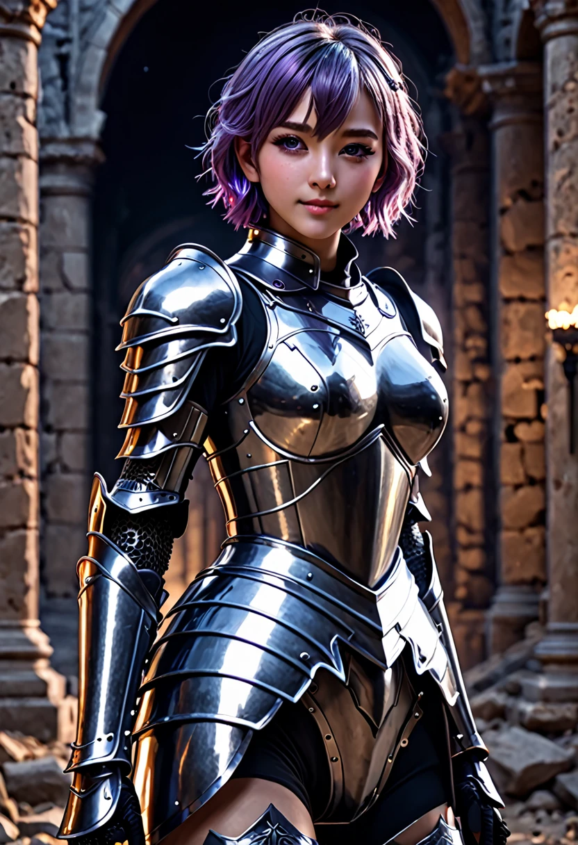 (masterpiece, top quality, best quality, beautiful and aesthetic:1.2), full body, SFW, extremely detailed, detailed face and eyes, cinematic light, depth of field, 1girl, seducing smile, solo, official, (full armored knight:1.4), dark armor, mash kyrielight, light purple hair, short hair, hair over one eye, slim body, cinematic lighting, dramatic lighting, dramatic atmosphere, hyper-realistic, high resolution, stunning contrast, high quality, best quality, 8k, 4k, intricately detailed, (amazing details:1.2), highly detailed skin, powerful presence, vibrant colors, (detailed eyes:1.2), striking eyes, (detailed background), (warzone on background, night, ruins), (dynamic angle:1.2), (dynamic pose:1.2)