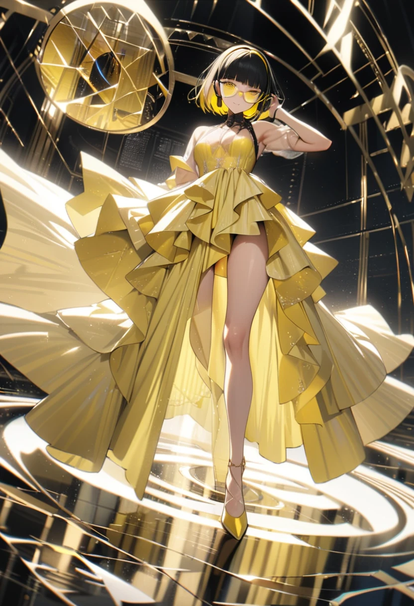 masterpiece, best quality, 16K, absurdres, insanely detailed, angelic, golden ratio beautiful, elegant dress, female, (((yellow glasses:1.3))), headphone, short hair, blunt bangs, full_body