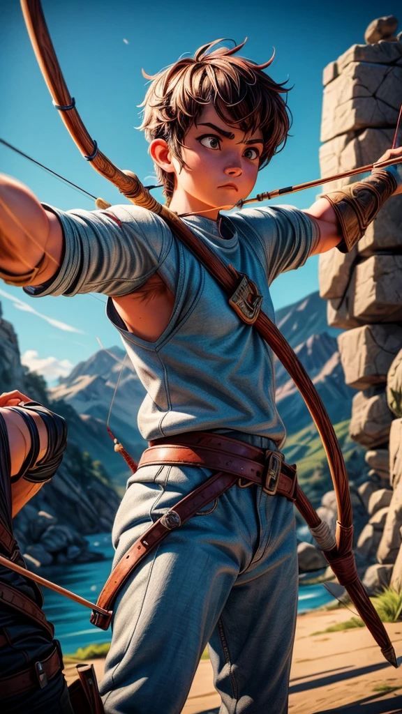 intricate archery competition, archer drawing bow,intense focus,powerful tension,muscular arms,detailed traditional archery equipment,dramatic action pose,cinematic lighting,vibrant colors,epic fantasy landscape,digital art,cinematic lighting,highly detailed,hyper realistic,8k,photorealistic