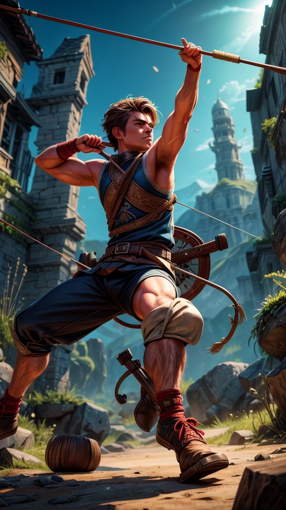 intricate archery competition, archer drawing bow,intense focus,powerful tension,muscular arms,detailed traditional archery equipment,dramatic action pose,cinematic lighting,vibrant colors,epic fantasy landscape,digital art,cinematic lighting,highly detailed,hyper realistic,8k,photorealistic