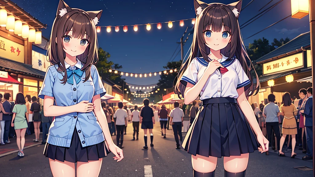 {Highest quality], [Super beautiful], [Ultra fine], [Best illustration], NSFW,Brown Hair, Hime cut, Long Hair blue ,cat ear , With bangs, girl,,uniform,knit cardigan,Short sleeve,skirt,smile, blush, Slender women,Standing posture,(Public),Night Park,Summer festival,diagonal, Navy blue knee socks,Black loafa