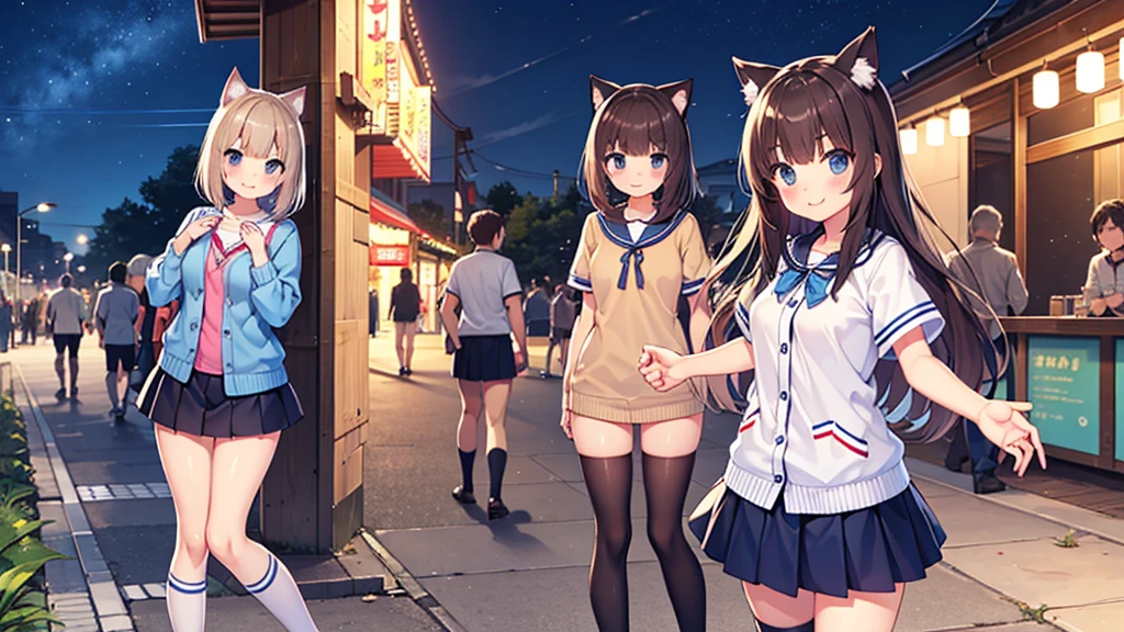 {Highest quality], [Super beautiful], [Ultra fine], [Best illustration], NSFW,Brown Hair, Hime cut, Long Hair blue ,cat ear , With bangs, girl,,uniform,knit cardigan,Short sleeve,skirt,smile, blush, Slender women,Standing posture,(Public),Night Park,Summer festival,diagonal, Navy blue knee socks,Black loafa