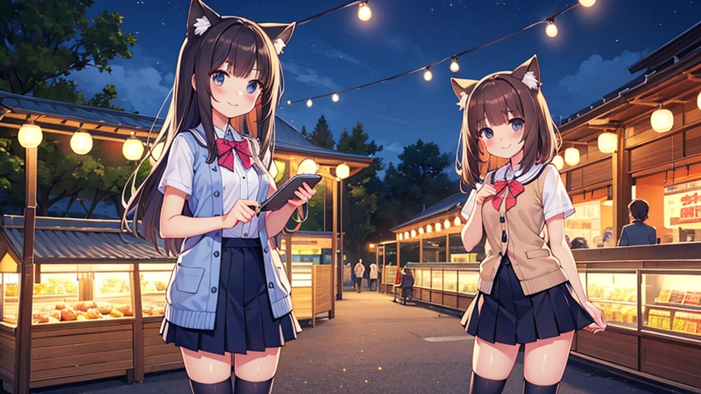 {Highest quality], [Super beautiful], [Ultra fine], [Best illustration], NSFW,Brown Hair, Hime cut, Long Hair blue ,cat ear , With bangs, girl,,uniform,knit cardigan,Short sleeve,skirt,smile, blush, Slender women,Standing posture,(Public),Night Park,Summer festival,diagonal, Navy blue knee socks,Black loafa