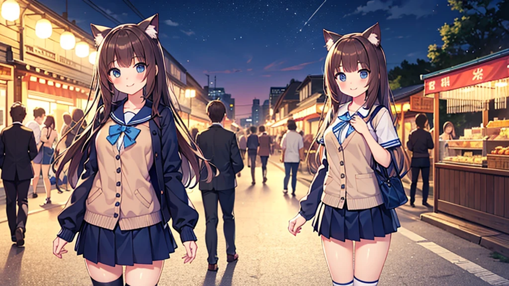 {Highest quality], [Super beautiful], [Ultra fine], [Best illustration], NSFW,Brown Hair, Hime cut, Long Hair blue ,cat ear , With bangs, girl,,uniform,knit cardigan,Short sleeve,skirt,smile, blush, Slender women,Standing posture,(Public),Night Park,Summer festival,diagonal, Navy blue knee socks,Black loafa