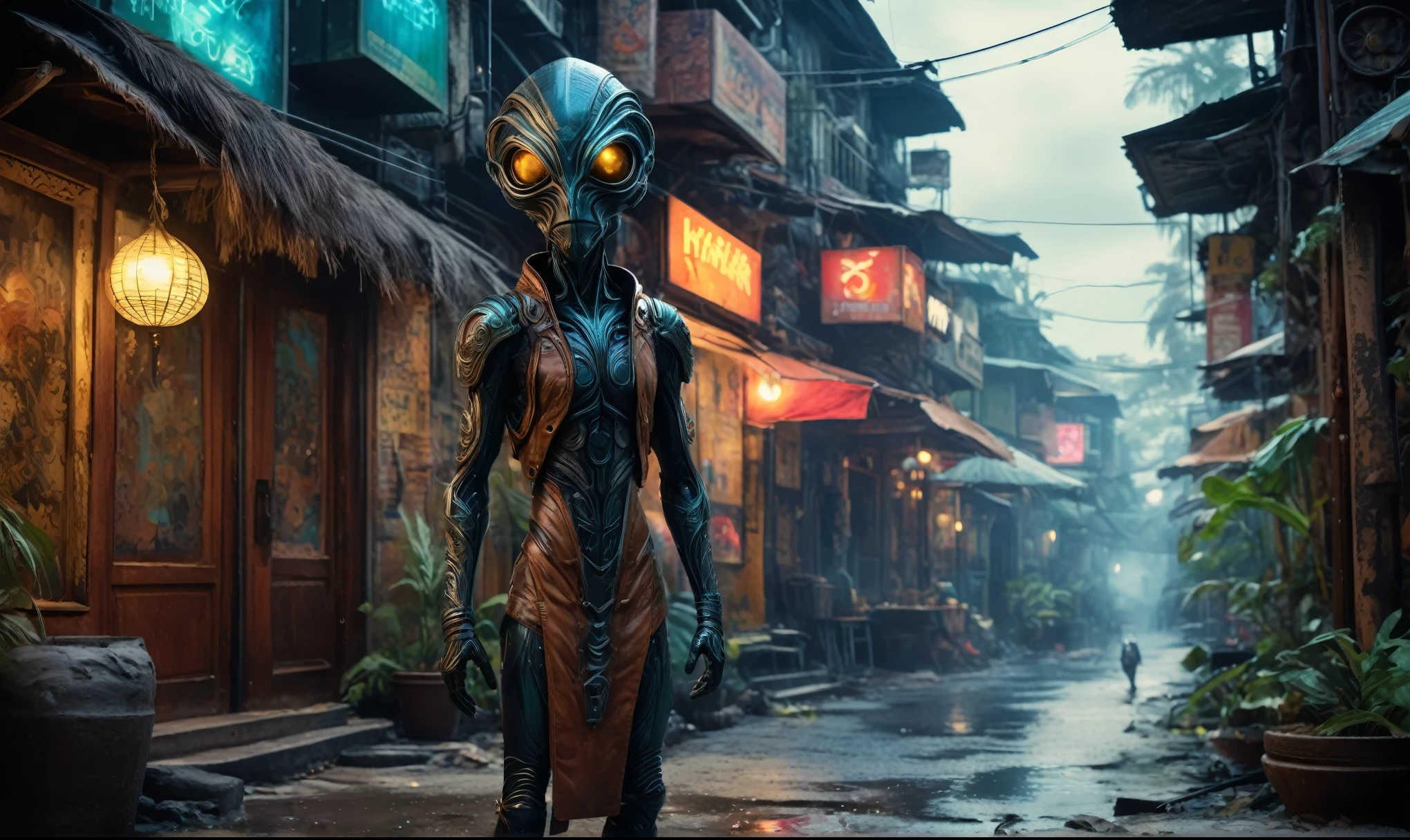 full-body-shot,niobium Manganite (The Alien Entity:Caribbean:0.5), wants eat,survival in criminal city of future,Cinematic,soft colors, Technicolor,natural skin textures, hyper realism, hyper detailed,Extremely detailed,High contrast,Masterpiece,Realistic,Ultra Detailed, intricate details,realistic humid leather,extremely intricate,Epic Realistic, cinematic style,irina yermolova,high contrast,HDR,extremely detailed, [deep night landscape],masterpiece,intricate details,faded,eyes extremely detailed, high detailed eyes,8k resolution,RAW,retina, Nikon Z9