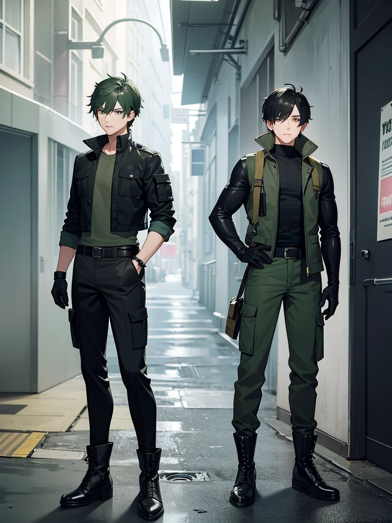 A male character with a black long sleeve shirt gray colored cargo pants a dark green colored sleeveless jacket and combat boots and combat gloves as well