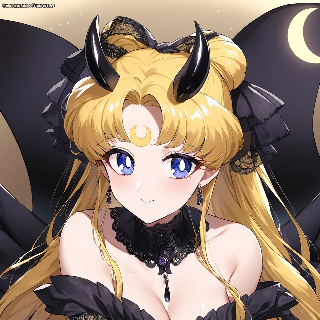 ((Highest quality)), ((masterpiece)), (detailed), (Perfect Face)、The woman is the dark queen, the demon queen, Princess Serenity, and the woman is the jet black, sexy demon princess, Serenity.、The woman is a jet-black female demon with magnificent devil horns, jet-black devil wings, and a jet-black tail. Her skin is jet-black, and she has a black inverted crescent moon mark on her forehead. She is a devil bride wearing a gorgeous black Gothic Victorian wedding dress and a black wedding veil. She is the jet-black demon Princess Serenity, and has blonde hair with a happy expression as she looks at the camera.2The expression of a girl in love with her long hair tied up、She is Princess Serenity、Punishment pose on behalf of the moon