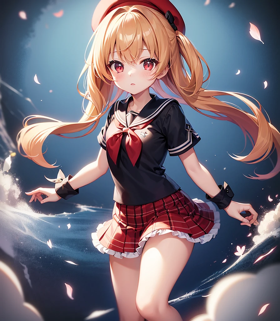 (Sailor suit),(((Red checked mini skirt))),((Frills)),(Red Beret),,Cute little loli,Tiny Lori,Small girl,,Childish face, Very fine clean face,Top quality, Big eyes,Straight Hair,Yellow hair,Crimson Eye,(Dark Room), Subtle light, Natural light,Soft lighting,Light from directly behind, (Are standing), Cute pose, (Open your hands), Showing the whole body,Front view,Black background